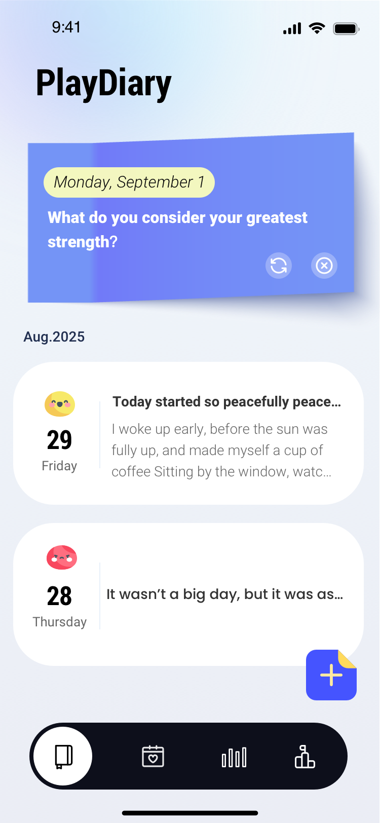 PlayDiary app screenshot showing the main interface
